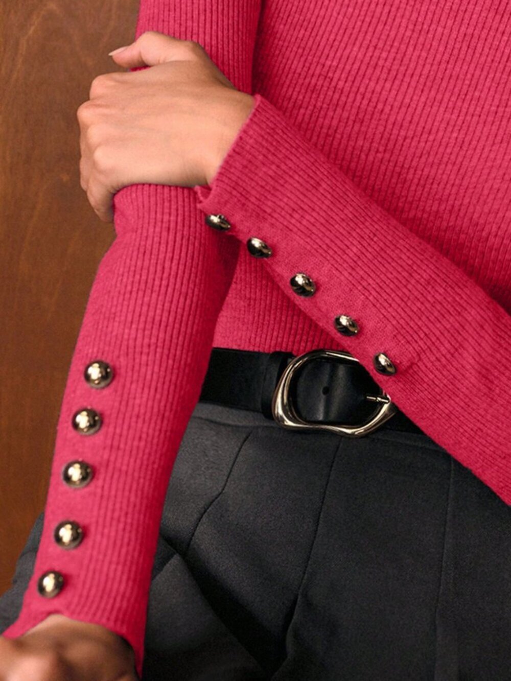 Hot Pink Casual Women's Slim Fit Funnel Neck Minimalist Sweater - Picture 8 of 8